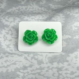Metal-free Green Rose Earrings, Plastic Post Studs, Allergy Free Hypoallergenic